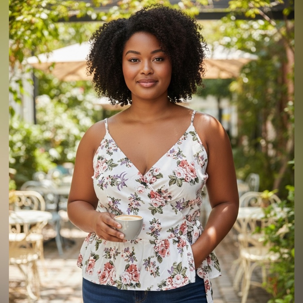 Zenobia Floral Wrap-Style Top with Adjustable Straps 2x